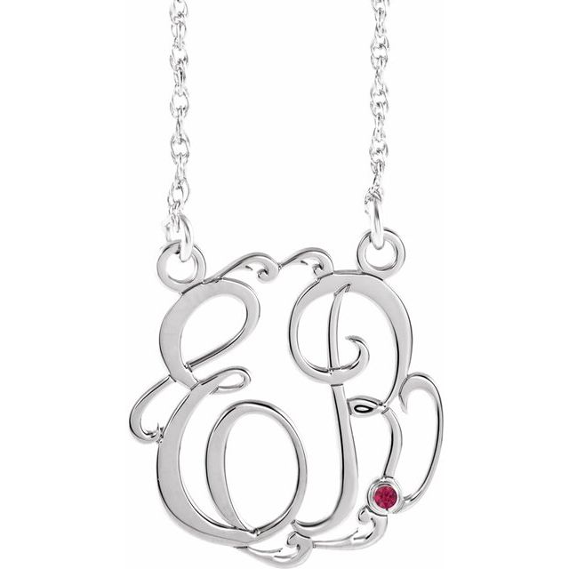 Rhodium-Plated Sterling Silver 20 mm 2-Initial Imitation Ruby Script Monogram Necklace