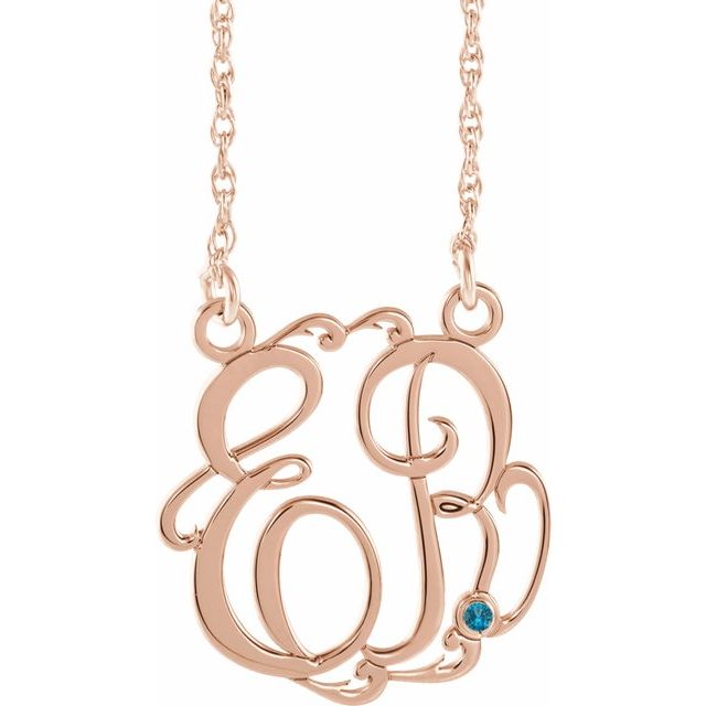 14K Rose Gold-Plated Sterling Silver 15 mm 2-Initial Imitation Blue Zircon Script Monogram Necklace