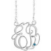Rhodium-Plated Sterling Silver 15 mm 2-Initial Imitation Blue Zircon Script Monogram Necklace