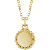 14K Engravable Beaded Disc Necklace 16-18" Adjustable Length