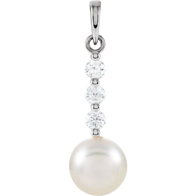 14K White Cultured White Freshwater Pearl & 1/4 CTW Natural Diamond Pendant