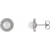 14K White Cultured White Freshwater Pearl  & 1/5 CTW Natural Diamond Earrings