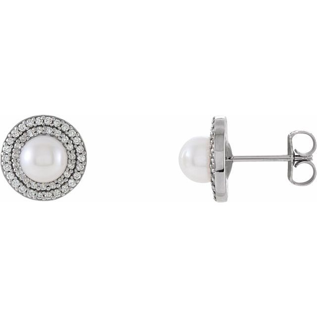 14K White Cultured White Freshwater Pearl  & 1/5 CTW Natural Diamond Earrings