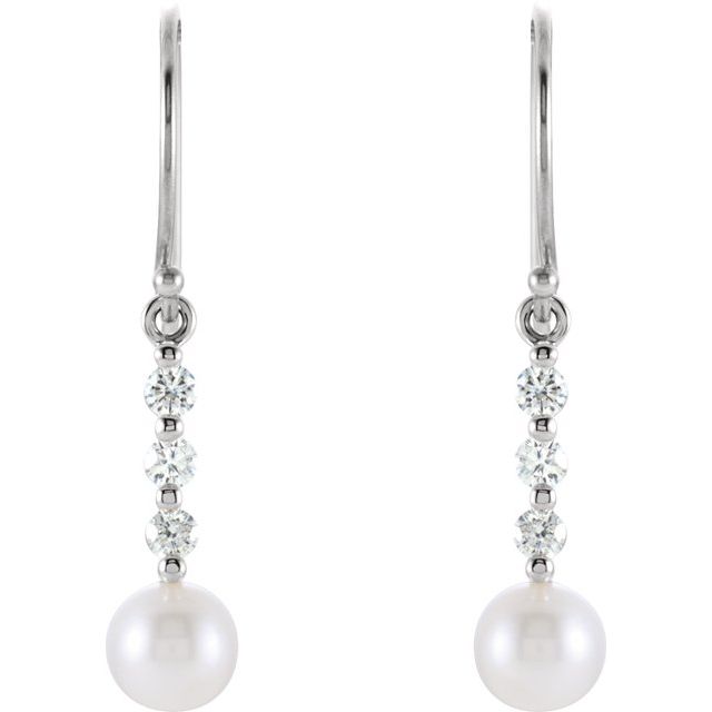 14K White Cultured White Freshwater Pearl & 1/4 CTW Natural Diamond Earrings