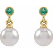 14K Yellow Cultured White Akoya Pearl & Lab-Grown Emerald Earrings