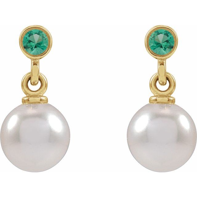 14K Yellow Cultured White Akoya Pearl & Lab-Grown Emerald Earrings