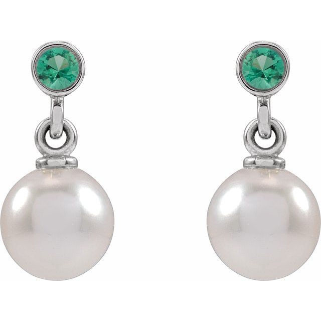 14K White Cultured White Akoya Pearl & Lab-Grown Emerald Earrings