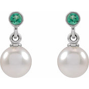 Sterling Silver Cultured White Akoya Pearl & Lab-Grown Emerald Earrings