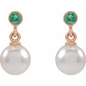 14K Rose Cultured White Akoya Pearl & Lab-Grown Emerald Earrings