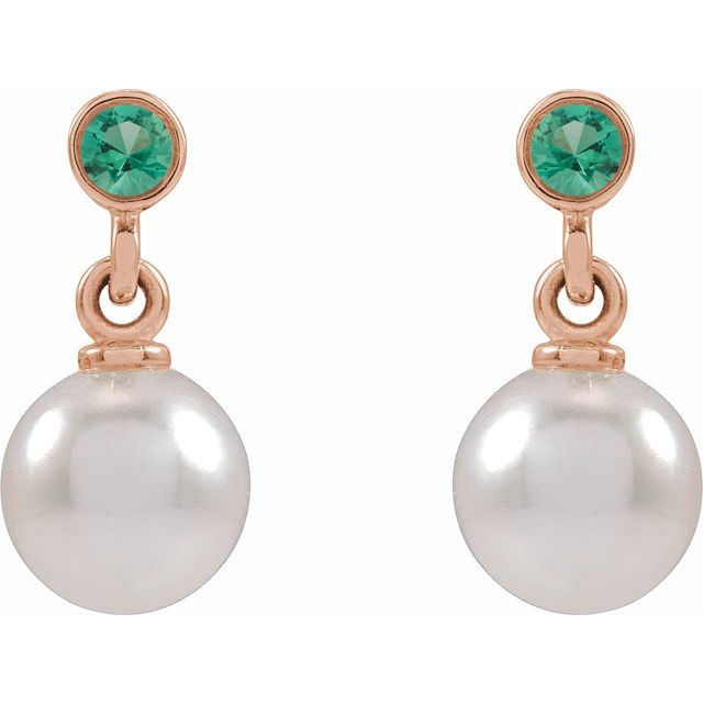 14K Rose Cultured White Akoya Pearl & Lab-Grown Emerald Earrings