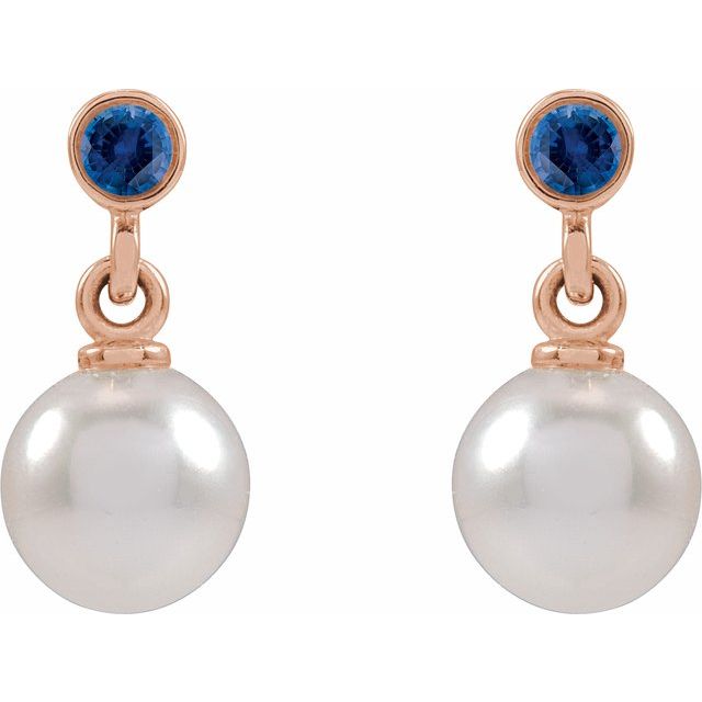 14K Rose Cultured White Akoya Pearl & Lab-Grown Blue Sapphire Earrings