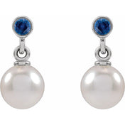 14K White Cultured White Akoya Pearl & Lab-Grown Blue Sapphire Earrings