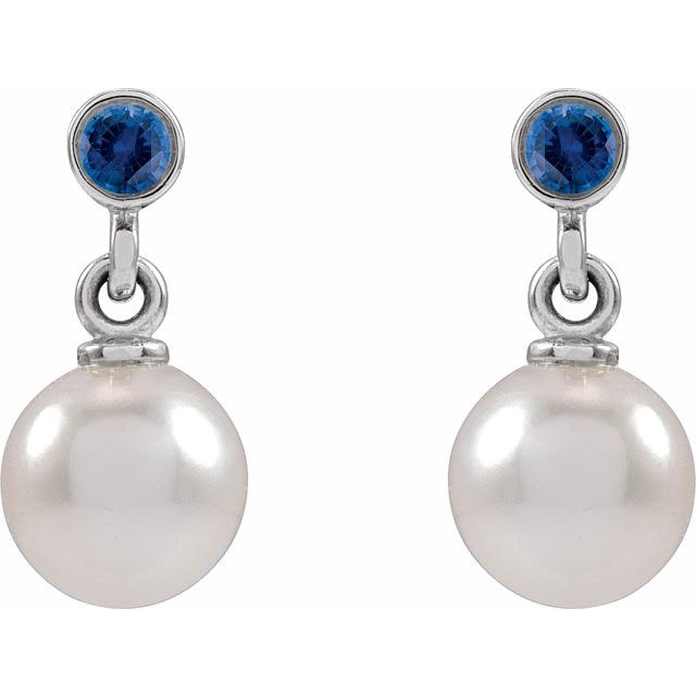 Platinum Cultured White Akoya Pearl & Lab-Grown Blue Sapphire Earrings