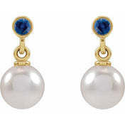 14K Yellow Cultured White Akoya Pearl & Lab-Grown Blue Sapphire Earrings