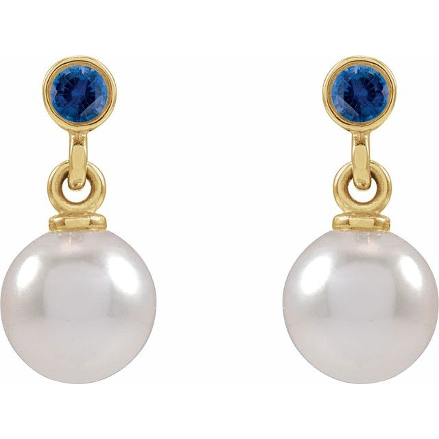 14K Yellow Cultured White Akoya Pearl & Lab-Grown Blue Sapphire Earrings
