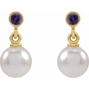 14K Yellow Cultured White Akoya Pearl & Lab-Grown Purple Sapphire Earrings