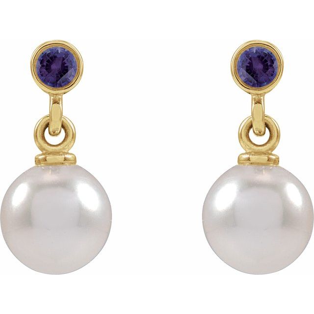 14K Yellow Cultured White Akoya Pearl & Lab-Grown Purple Sapphire Earrings