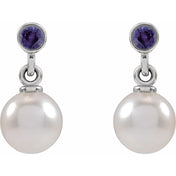 14K White Cultured White Akoya Pearl & Lab-Grown Purple Sapphire Earrings