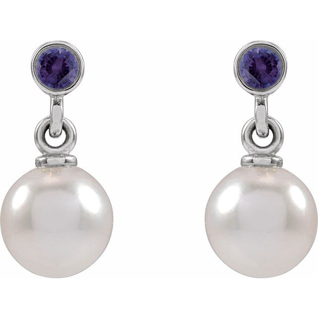 14K White Cultured White Akoya Pearl & Lab-Grown Purple Sapphire Earrings