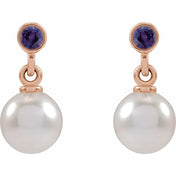 14K Rose Cultured White Akoya Pearl & Lab-Grown Purple Sapphire Earrings