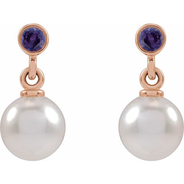 14K Rose Cultured White Akoya Pearl & Lab-Grown Purple Sapphire Earrings