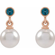 14K Rose Cultured White Akoya Pearl & Natural London Blue Topaz Earrings