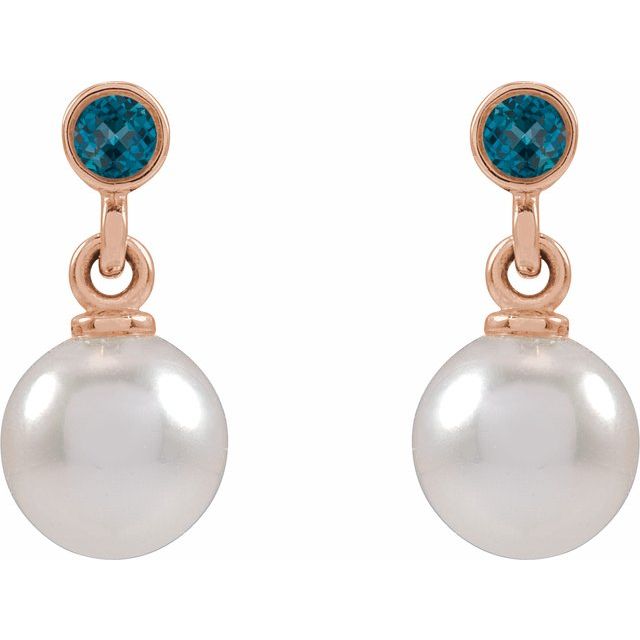 14K Rose Cultured White Akoya Pearl & Natural London Blue Topaz Earrings
