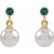 14K Yellow Cultured White Akoya Pearl & Natural London Blue Topaz Earrings