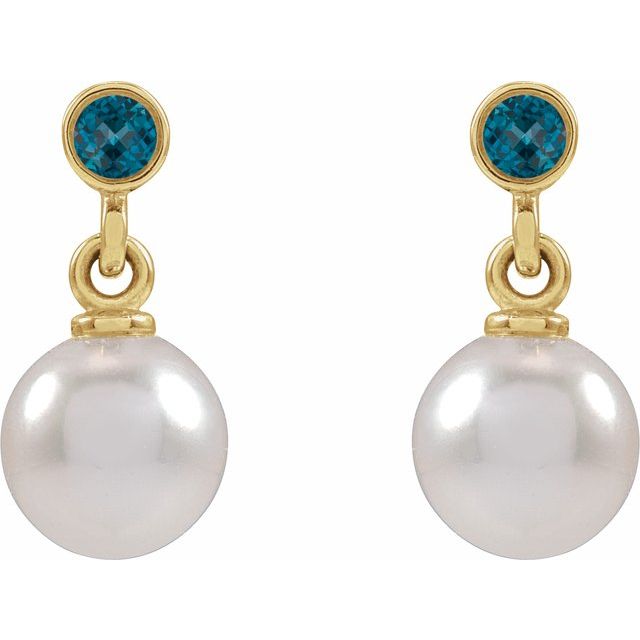 14K Yellow Cultured White Akoya Pearl & Natural London Blue Topaz Earrings