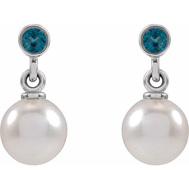 14K White Cultured White Akoya Pearl & Natural London Blue Topaz Earrings