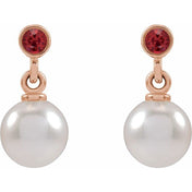 14K Rose Cultured White Akoya Pearl & Lab-Grown Ruby Earrings