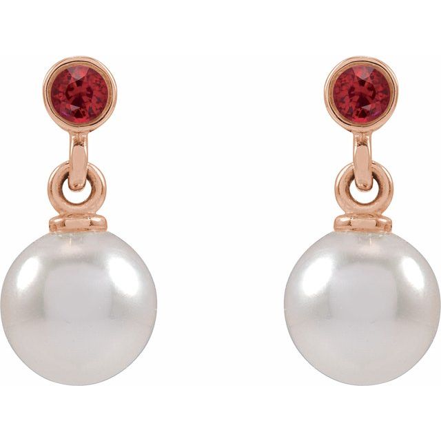 14K Rose Cultured White Akoya Pearl & Lab-Grown Ruby Earrings