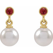 14K Yellow Cultured White Akoya Pearl & Lab-Grown Ruby Earrings
