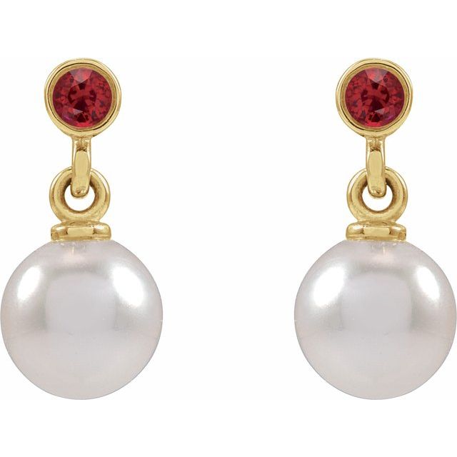 14K Yellow Cultured White Akoya Pearl & Lab-Grown Ruby Earrings