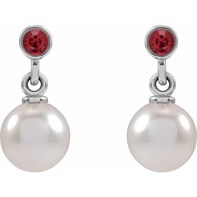 Platinum Cultured White Akoya Pearl & Lab-Grown Ruby Earrings