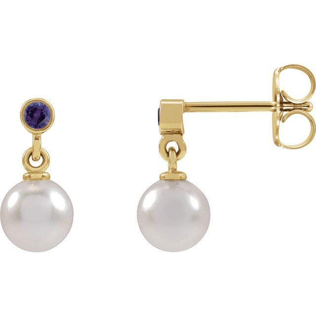 14K Yellow Cultured White Akoya Pearl & Lab-Grown Purple Sapphire Earrings