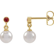 14K Yellow Cultured White Akoya Pearl & Lab-Grown Ruby Earrings