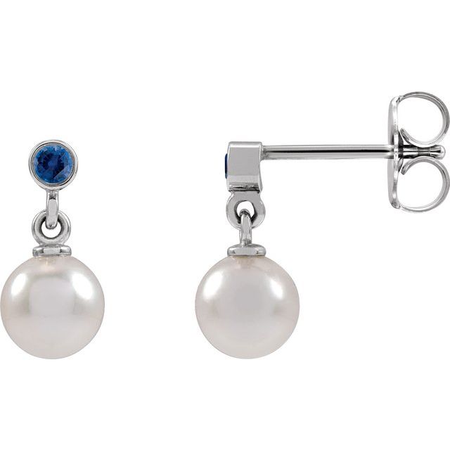 14K White Cultured White Akoya Pearl & Lab-Grown Blue Sapphire Earrings