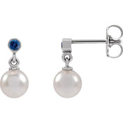 Platinum Cultured White Akoya Pearl & Lab-Grown Blue Sapphire Earrings