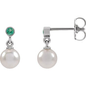 14K White Cultured White Akoya Pearl & Lab-Grown Emerald Earrings