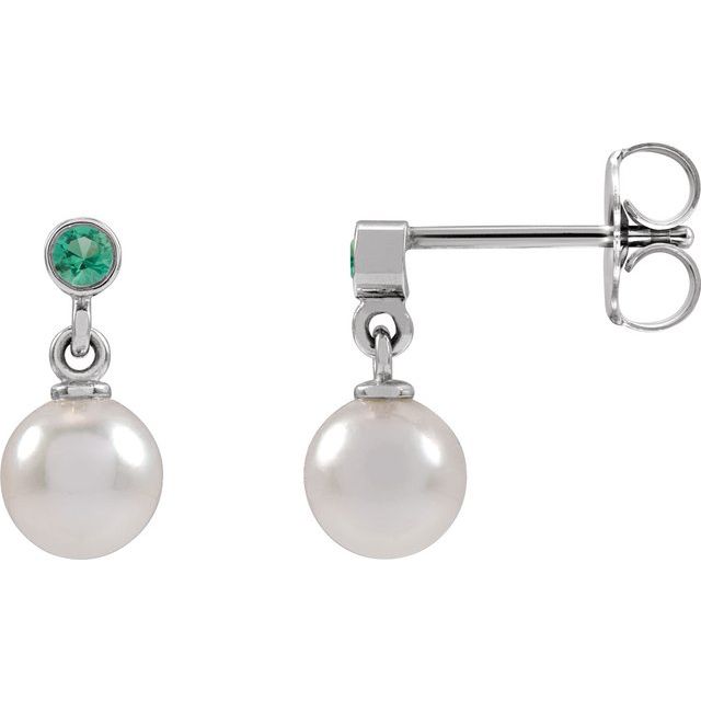 Platinum Cultured White Akoya Pearl & Lab-Grown Emerald Earrings