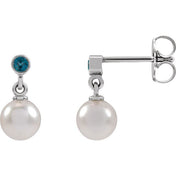 Platinum Cultured White Akoya Pearl & Natural London Blue Topaz Earrings