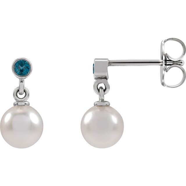 Platinum Cultured White Akoya Pearl & Natural London Blue Topaz Earrings
