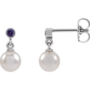 14K White Cultured White Akoya Pearl & Lab-Grown Purple Sapphire Earrings