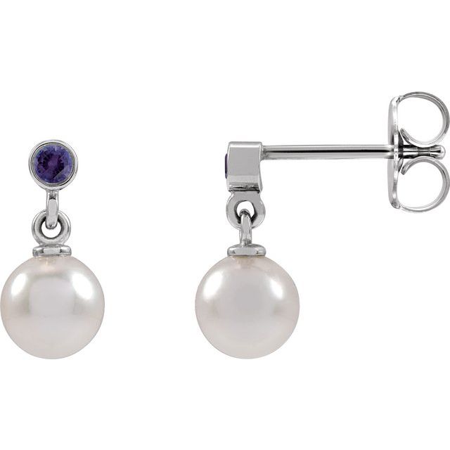 14K White Cultured White Akoya Pearl & Lab-Grown Purple Sapphire Earrings