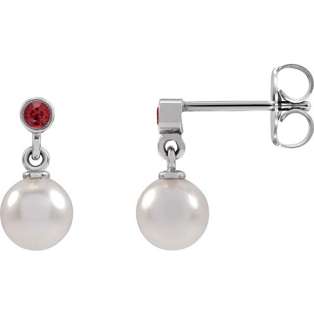 Platinum Cultured White Akoya Pearl & Lab-Grown Ruby Earrings