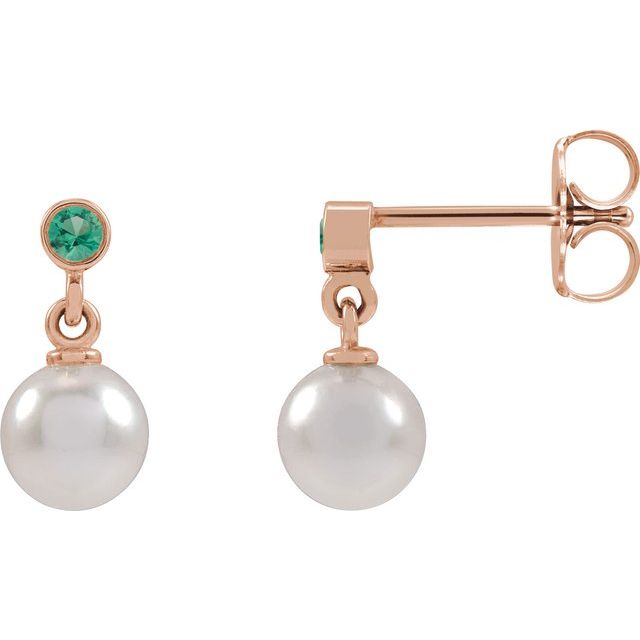 14K Rose Cultured White Akoya Pearl & Lab-Grown Emerald Earrings