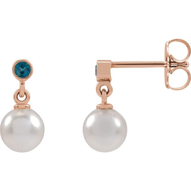 14K Rose Cultured White Akoya Pearl & Natural London Blue Topaz Earrings