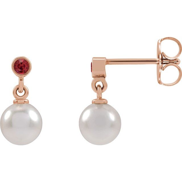14K Rose Cultured White Akoya Pearl & Lab-Grown Ruby Earrings