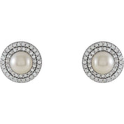 14K White Cultured White Freshwater Pearl  & 1/5 CTW Natural Diamond Earrings